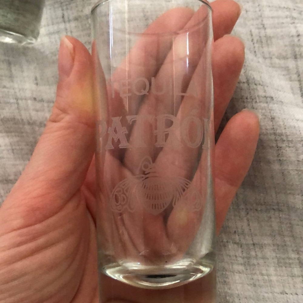 Patron Tequila etched shot glasses with bees